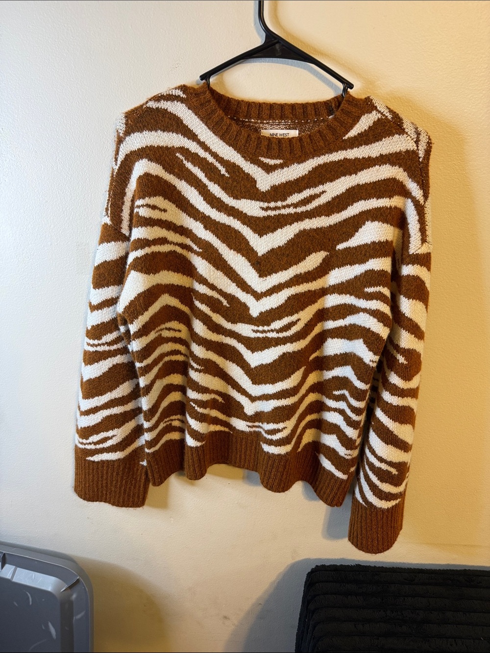 Nine West Brown & White Zebra Crewneck Sweater